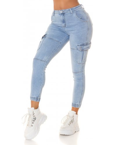 Blugi dama cargo, bleu, din bumbac, cu talia inalta, Akilina Blugi dama, Blugi dama cargo, bleu, din bumbac, cu talia inalta, Akilina - jojofashion.ro