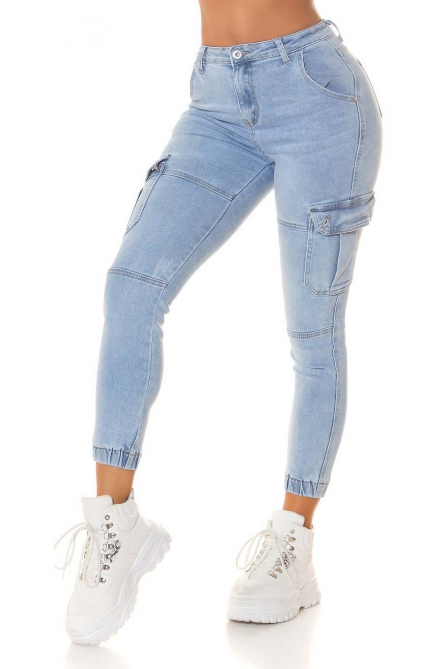 Blugi dama cargo, bleu, din bumbac, cu talia inalta, Akilina Blugi dama cargo, bleu, din bumbac, cu talia inalta, Akilina 1 - jojofashion.ro