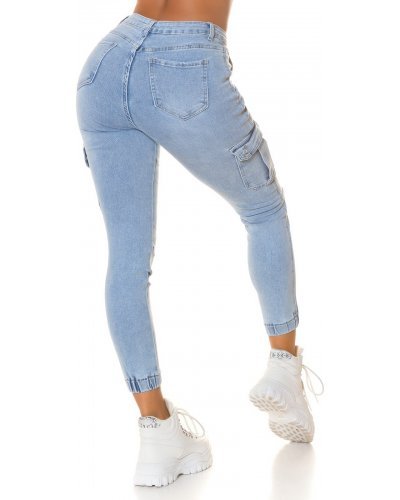 Blugi dama cargo, bleu, din bumbac, cu talia inalta, Akilina Blugi dama, Blugi dama cargo, bleu, din bumbac, cu talia inalta, Akilina - jojofashion.ro