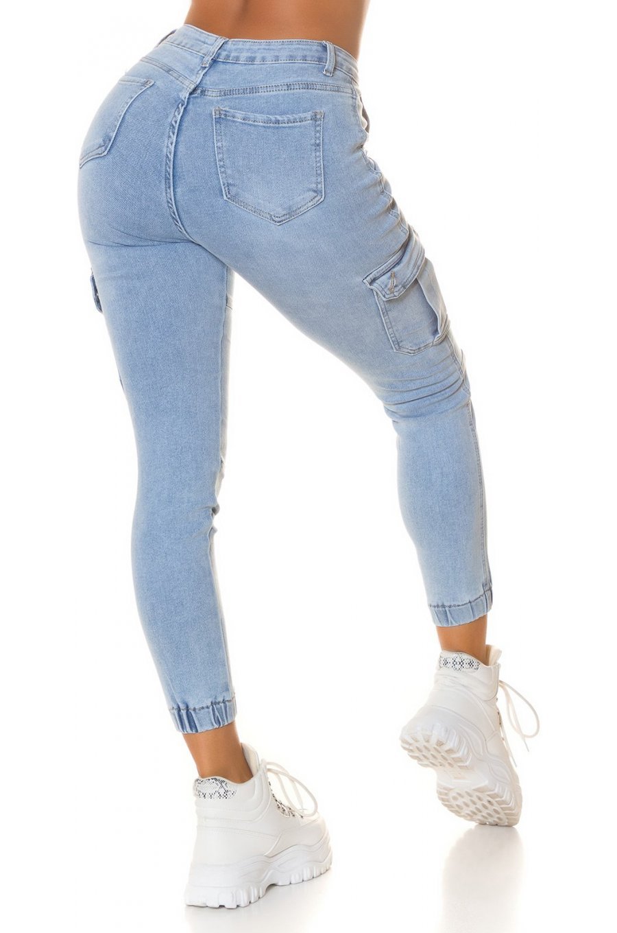 Blugi dama cargo, bleu, din bumbac, cu talia inalta, Akilina Blugi dama cargo, bleu, din bumbac, cu talia inalta, Akilina 2 - jojofashion.ro