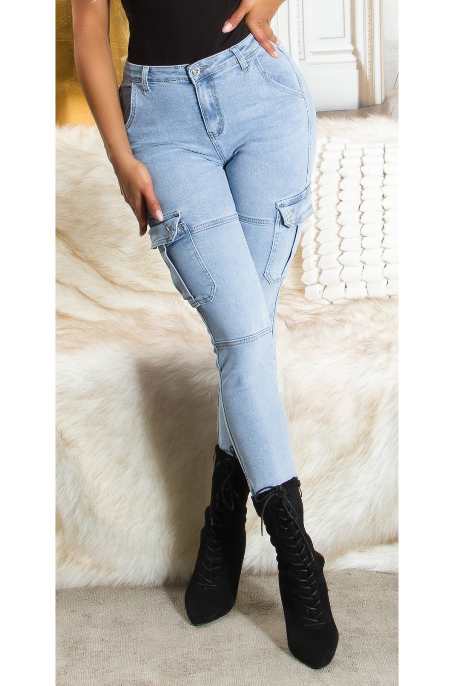 Blugi dama cargo, bleu, din bumbac, cu talia inalta, Akilina Blugi dama cargo, bleu, din bumbac, cu talia inalta, Akilina 3 - jojofashion.ro