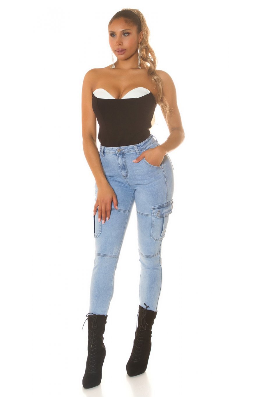 Blugi dama cargo, bleu, din bumbac, cu talia inalta, Akilina Blugi dama cargo, bleu, din bumbac, cu talia inalta, Akilina 6 - jojofashion.ro