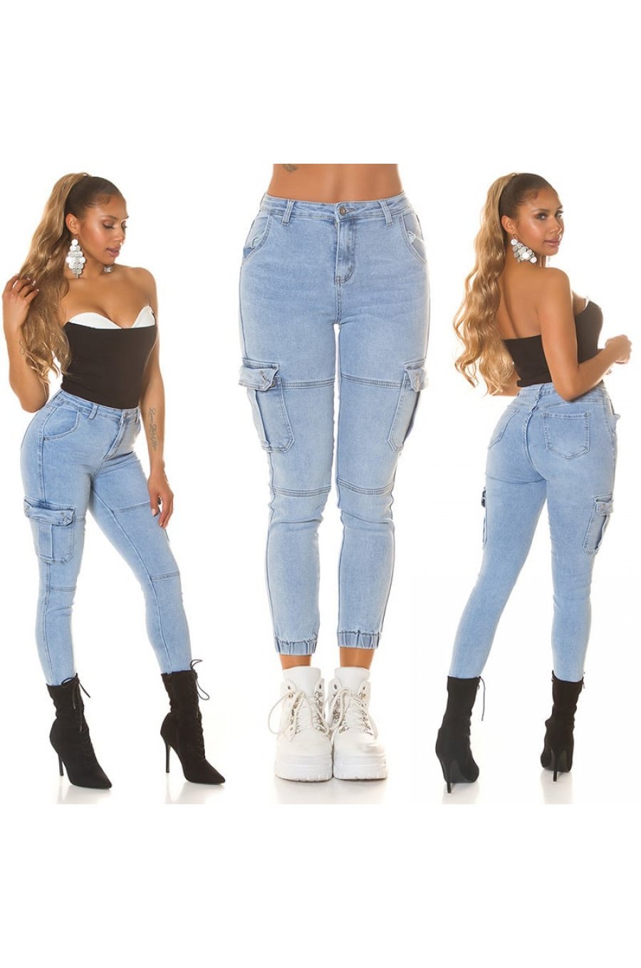 Blugi dama cargo, bleu, din bumbac, cu talia inalta, Akilina Blugi dama cargo, bleu, din bumbac, cu talia inalta, Akilina 7 - jojofashion.ro