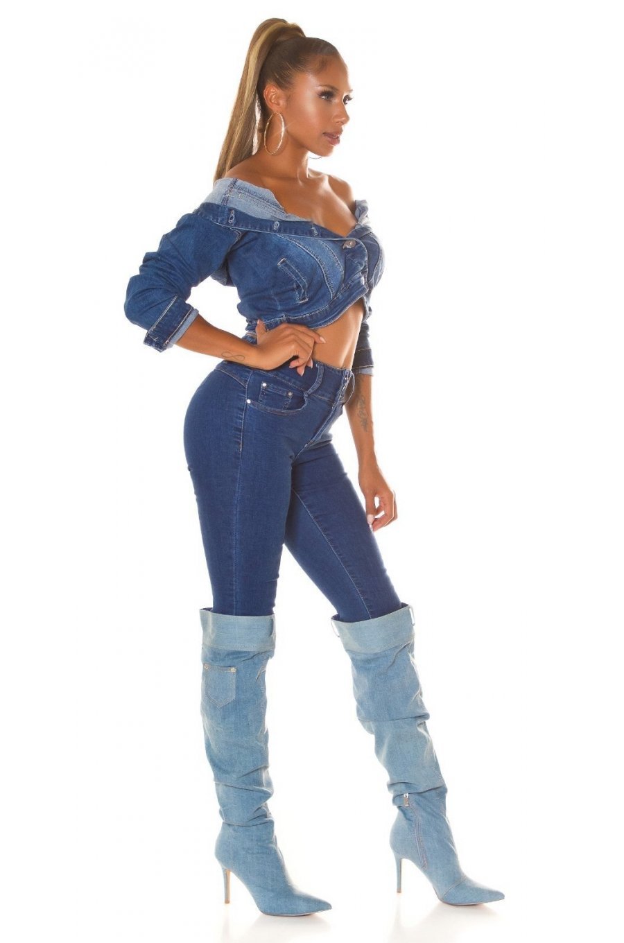 Blugi dama cu push up, albastri, bumbac, cu talia inalta, Oclio 4 - jojofashion.ro