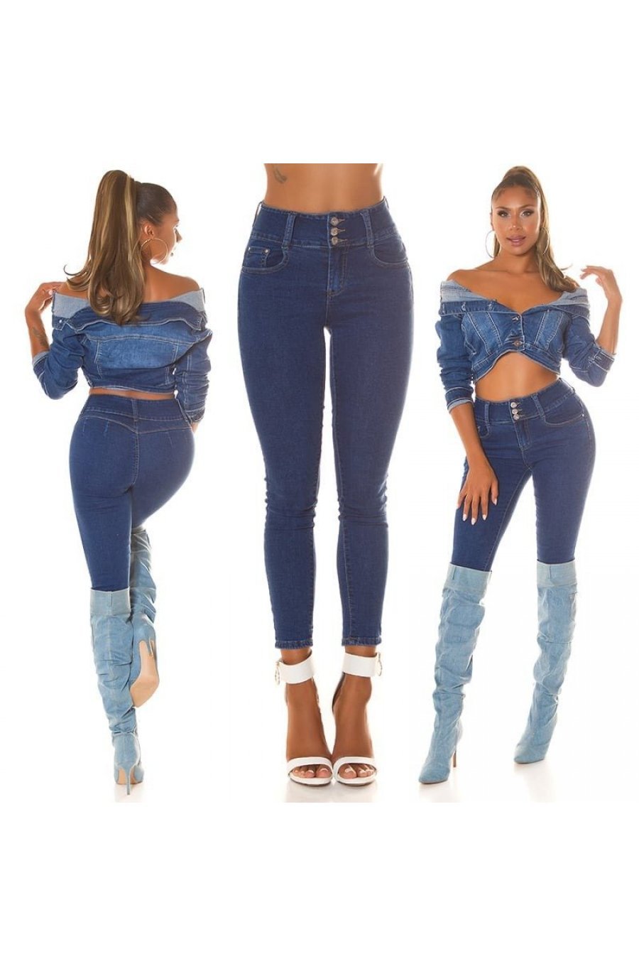 Blugi dama cu push up, albastri, bumbac, cu talia inalta, Oclio 8 - jojofashion.ro