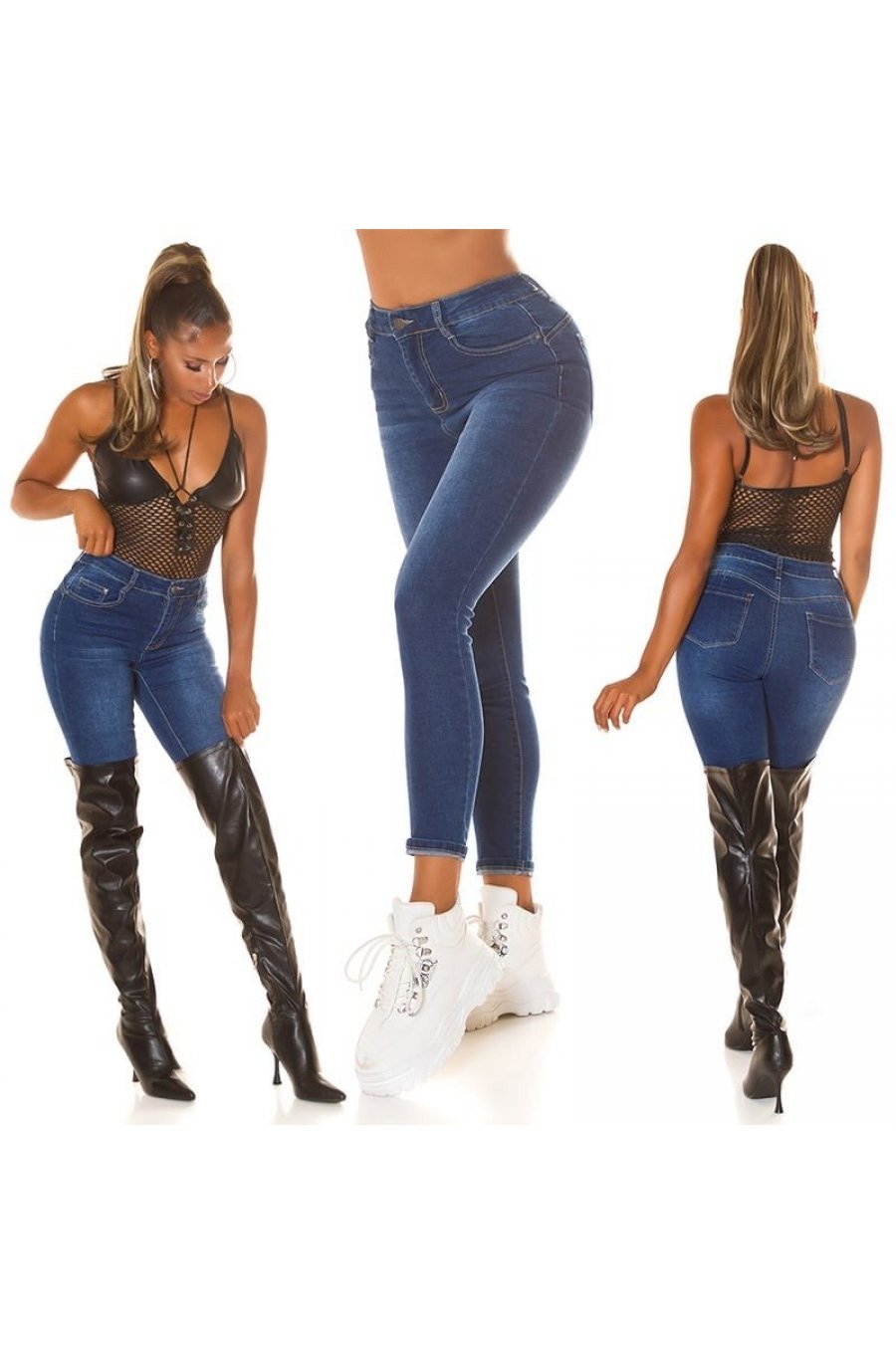 Blugi dama cu push up, albastri, bumbac denim, mulati, cu talia inalta, Dupliq 9 - jojofashion.ro