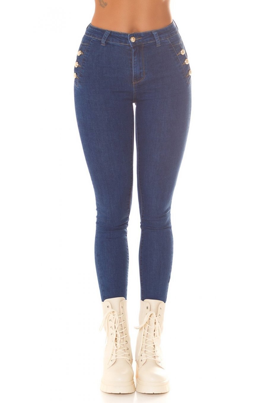 Blugi dama cu push up, albastri, din bumbac, cu talia inalta si nasturi, Amedal 1 - jojofashion.ro
