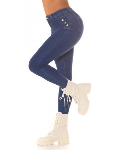 Blugi dama cu push up, albastri, din bumbac, cu talia inalta si nasturi, Amedal - jojofashion.ro