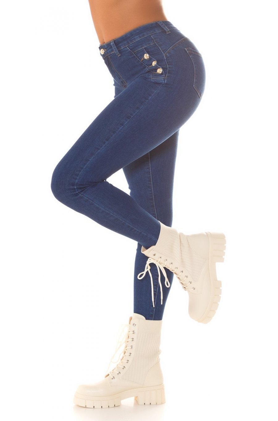 Blugi dama cu push up, albastri, din bumbac, cu talia inalta si nasturi, Amedal 2 - jojofashion.ro