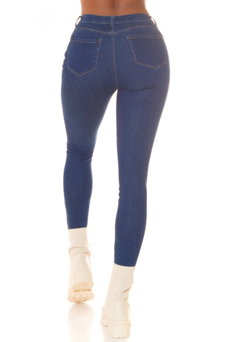 Blugi dama cu push up, albastri, din bumbac, cu talia inalta si nasturi, Amedal 3 - jojofashion.ro