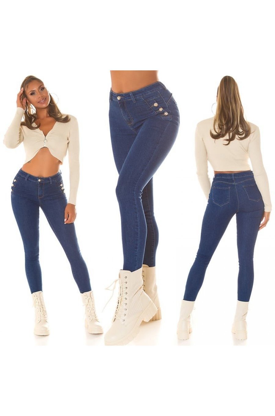 Blugi dama cu push up, albastri, din bumbac, cu talia inalta si nasturi, Amedal 8 - jojofashion.ro