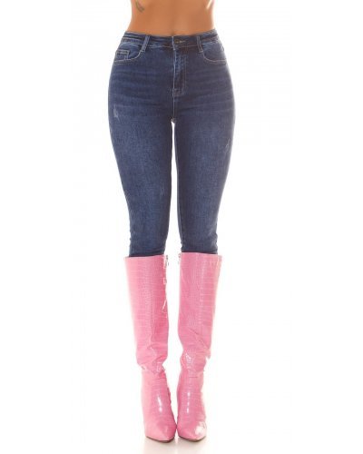 Blugi dama cu talia inalta, din bumbac, albastri, Gracy - jojofashion.ro