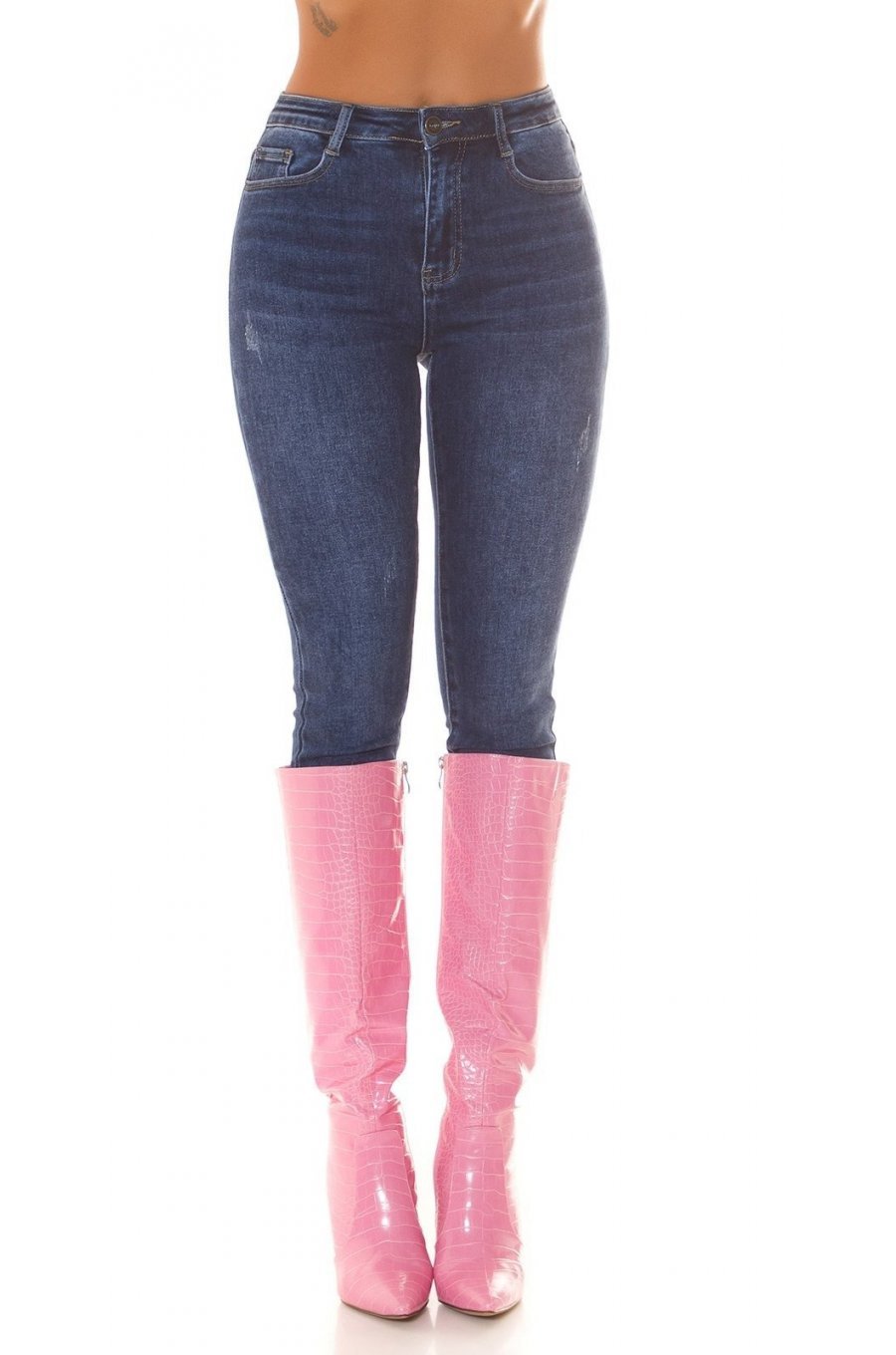 Blugi dama cu talia inalta, din bumbac, albastri, Gracy 1 - jojofashion.ro