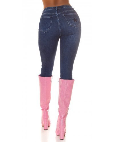 Blugi dama cu talia inalta, din bumbac, albastri, Gracy - jojofashion.ro