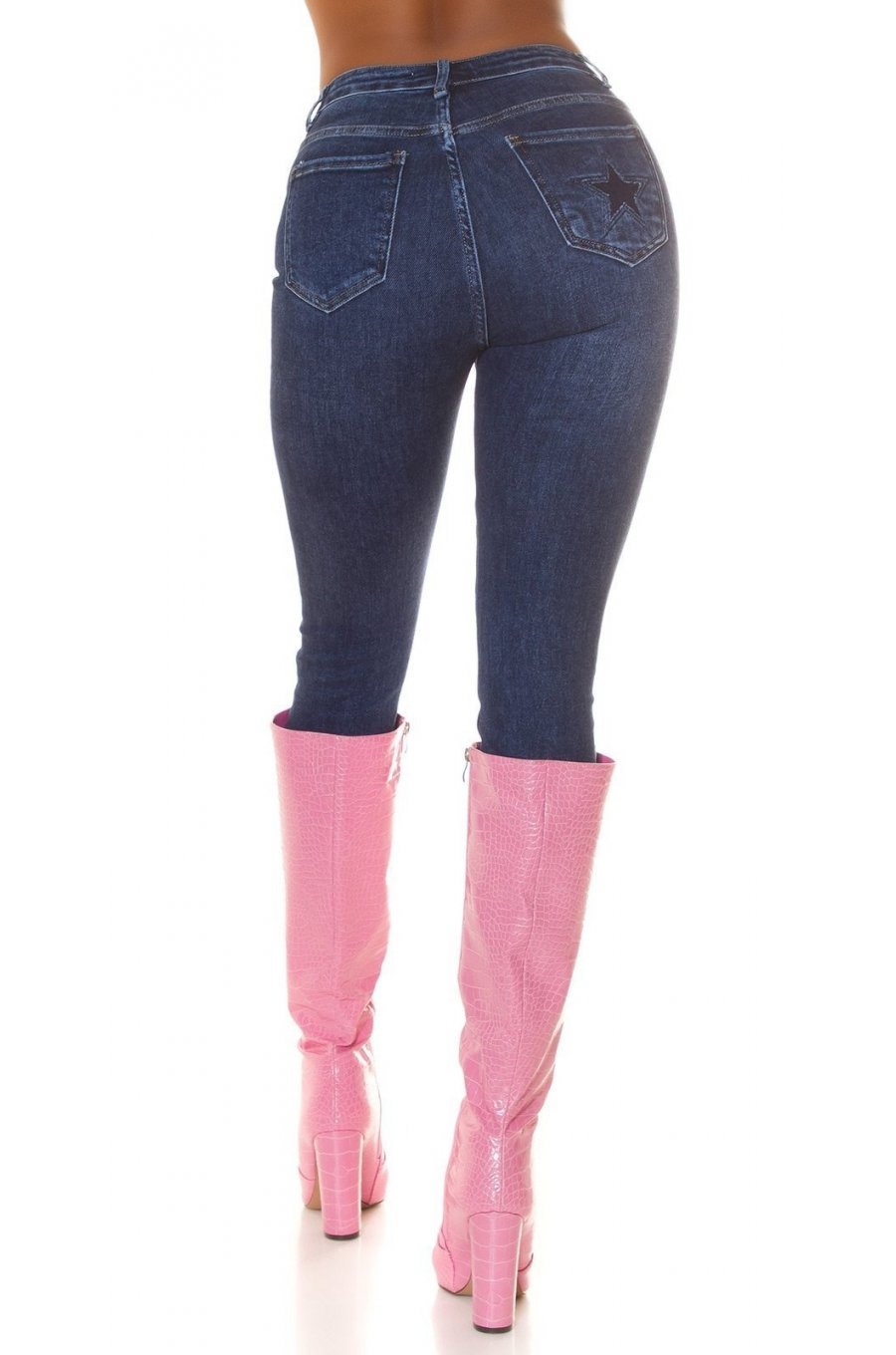 Blugi dama cu talia inalta, din bumbac, albastri, Gracy 2 - jojofashion.ro