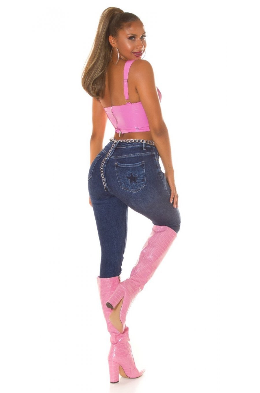 Blugi dama cu talia inalta, din bumbac, albastri, Gracy 6 - jojofashion.ro