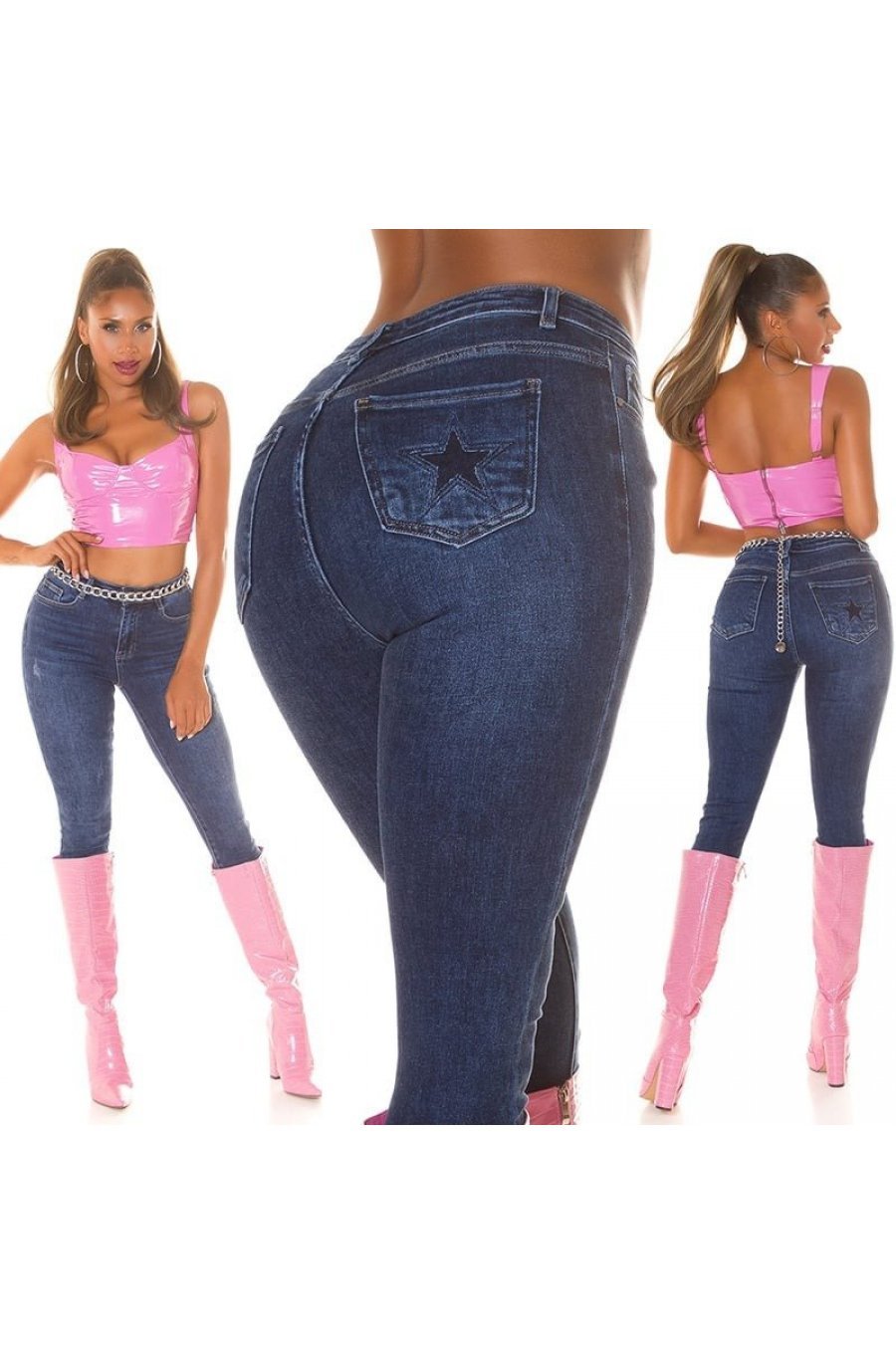 Blugi dama cu talia inalta, din bumbac, albastri, Gracy 9 - jojofashion.ro