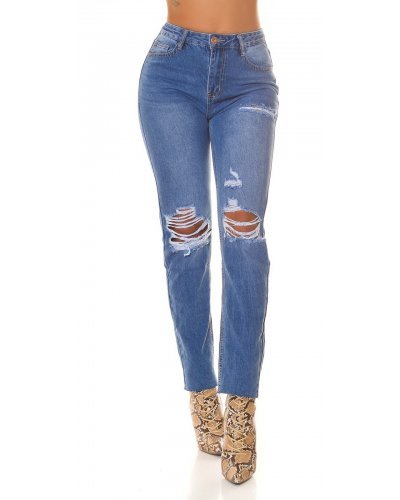 Blugi dama rupti, albastri, din bumbac, cu talia inalta, Gianne Blugi dama, Blugi dama rupti, albastri, din bumbac, cu talia inalta, Gianne - jojofashion.ro