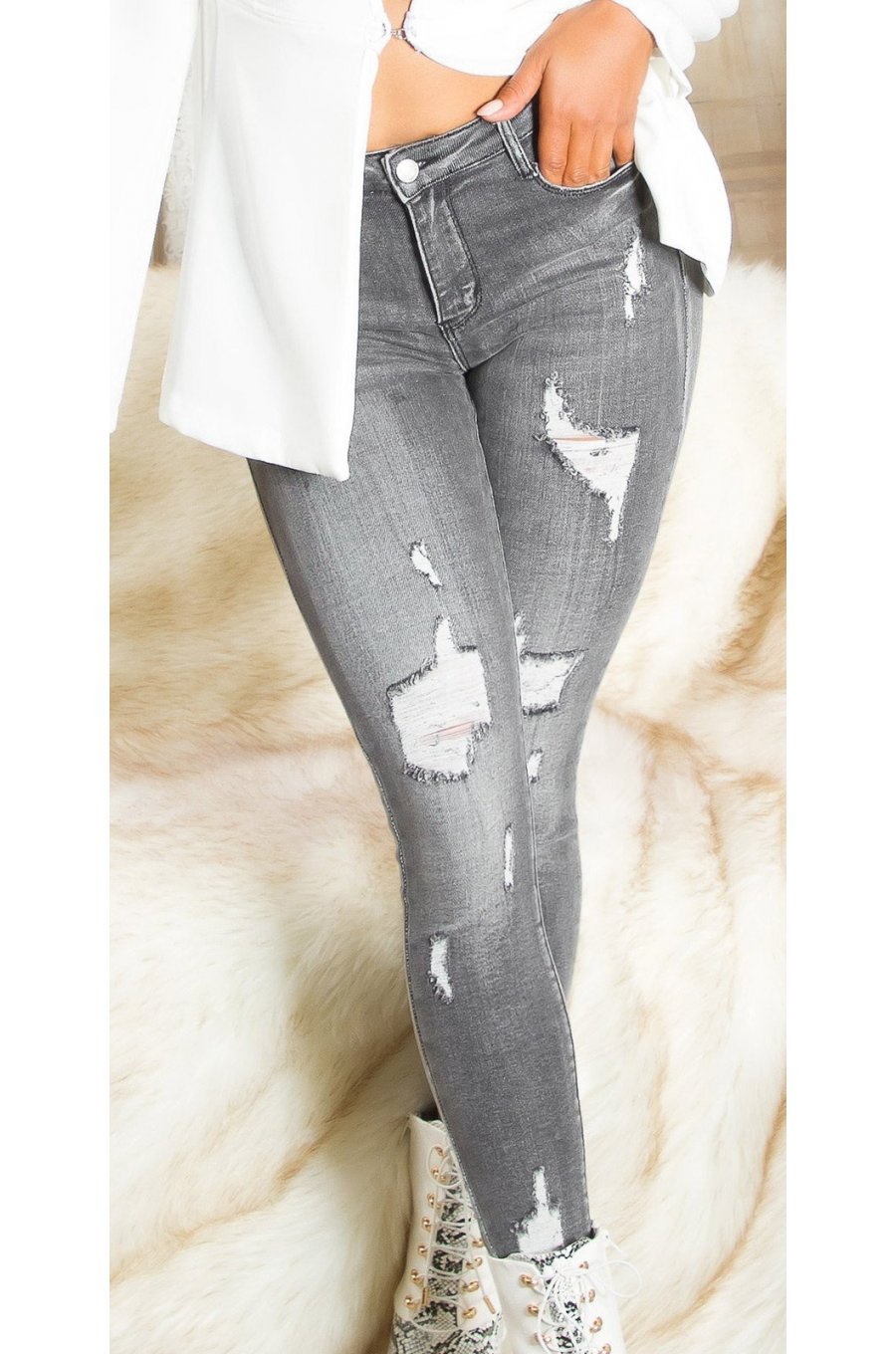 Blugi dama rupti, skinny, antracit, bumbac, Kossy Blugi dama rupti, skinny, antracit, bumbac, Kossy 7 - jojofashion.ro