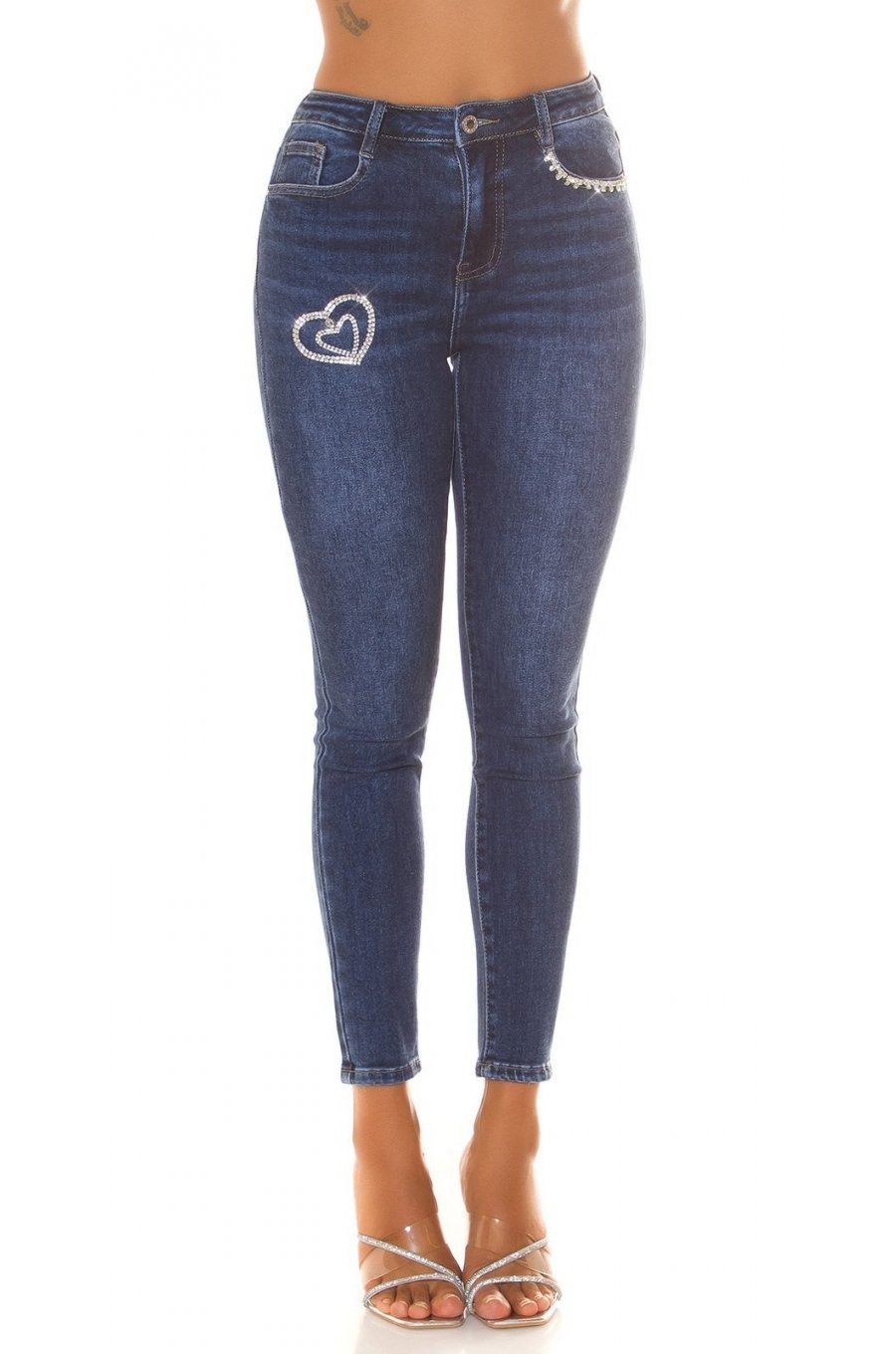 Blugi dama skinny, albastri, din bumbac, cu talia inalta, Agafya 1 - jojofashion.ro