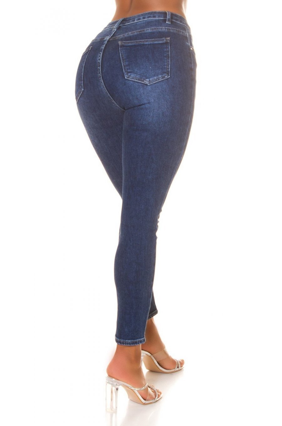 Blugi dama skinny, albastri, din bumbac, cu talia inalta, Agafya 2 - jojofashion.ro