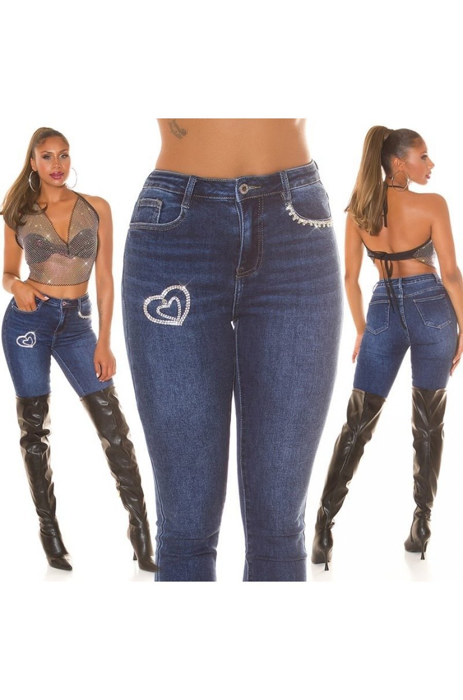 Blugi dama skinny, albastri, din bumbac, cu talia inalta, Agafya 8 - jojofashion.ro