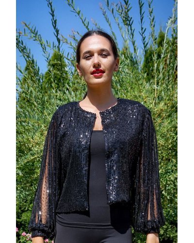 Bolero dama din paiete negre cu maneci franjurate Ester - jojofashion.ro