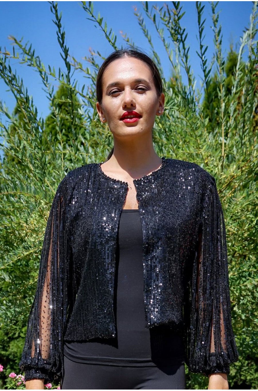 Bolero dama din paiete negre cu maneci franjurate Ester 2 - jojofashion.ro