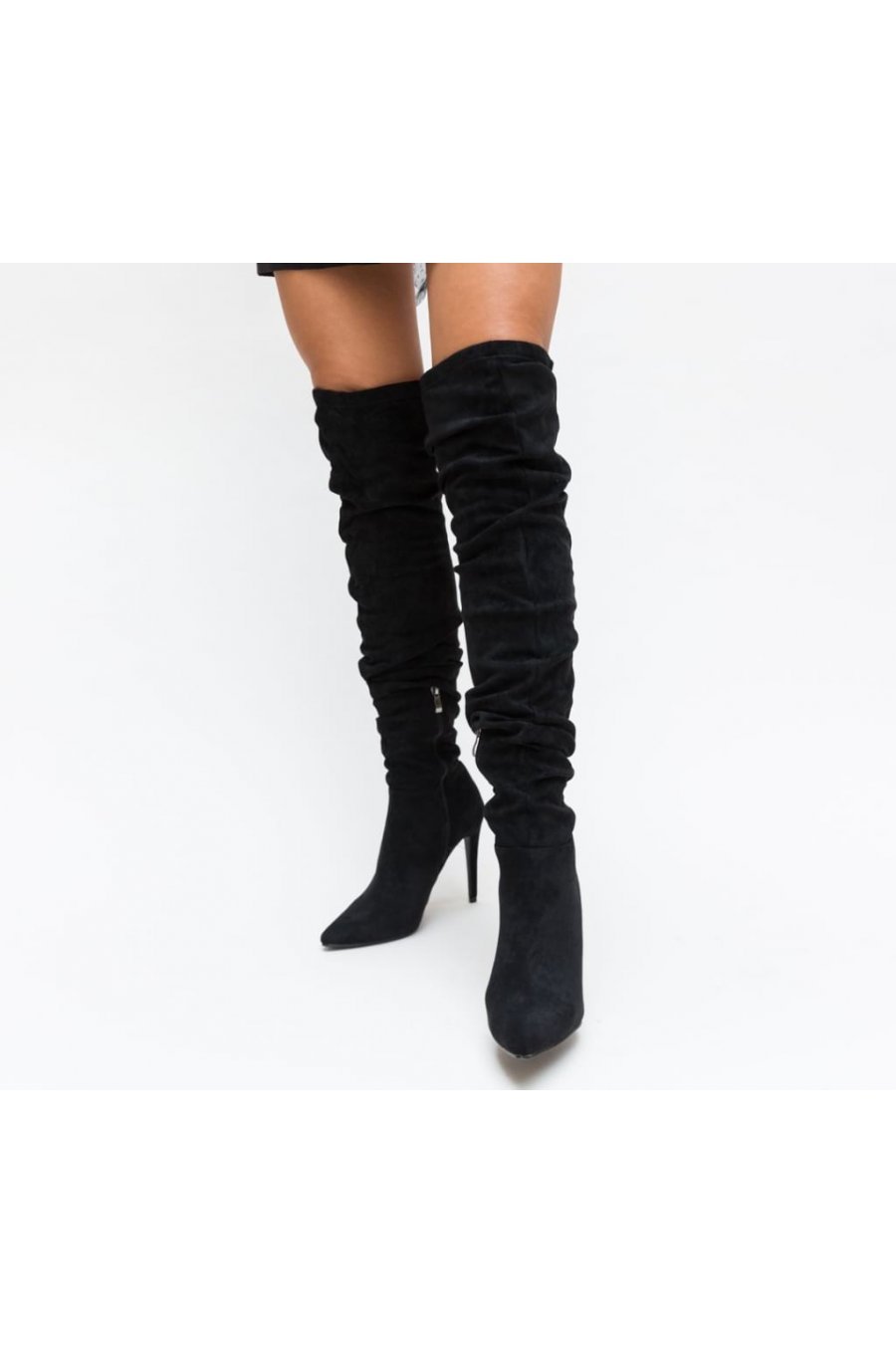 Cizme inalte cu toc inalt din piele neagra eco intoarsa Sanda 1 - jojofashion.ro
