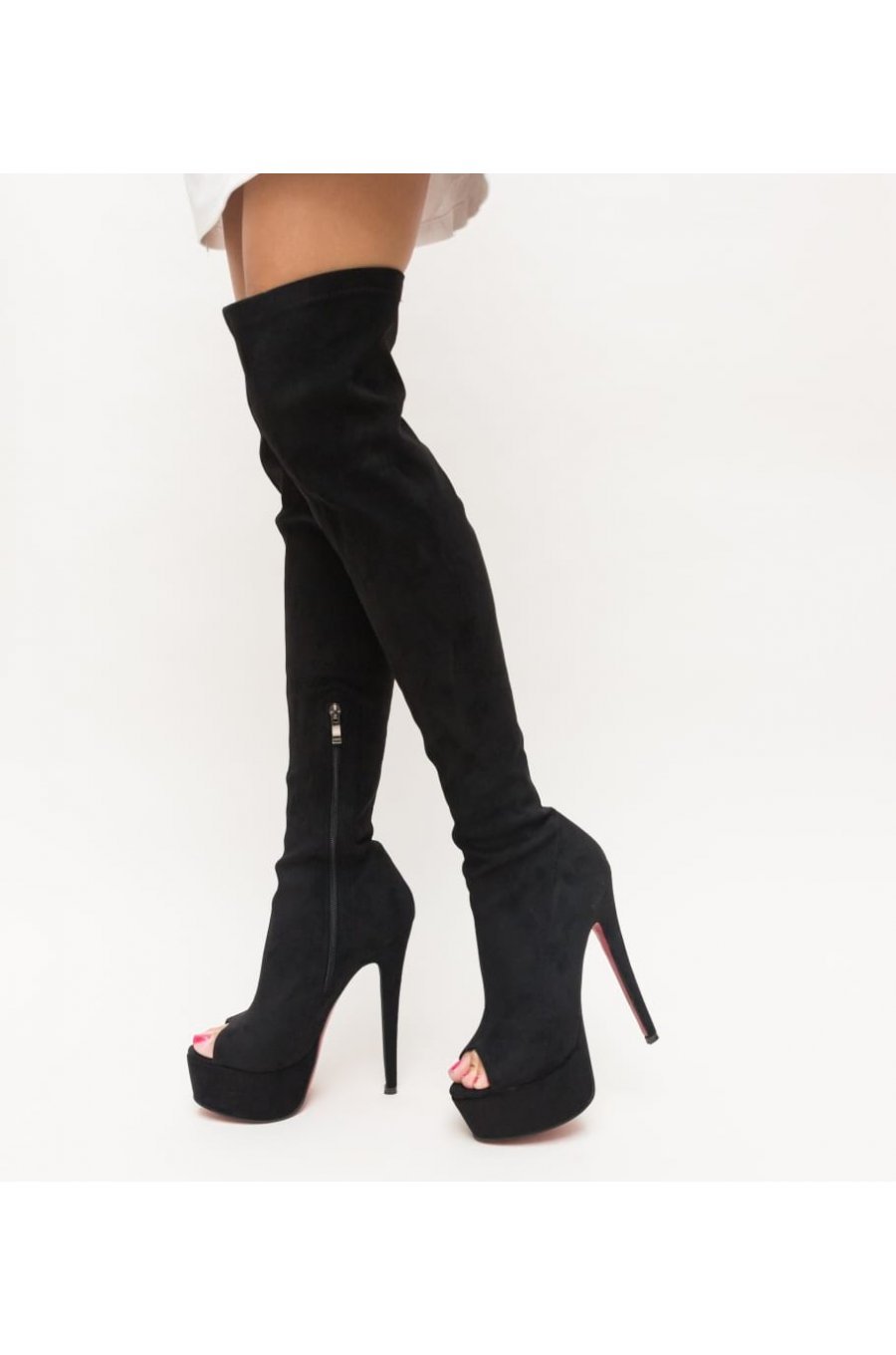 Cizme inalte peste genunchi cu toc inalt din pieleeco intoarsa Panter 1 - jojofashion.ro