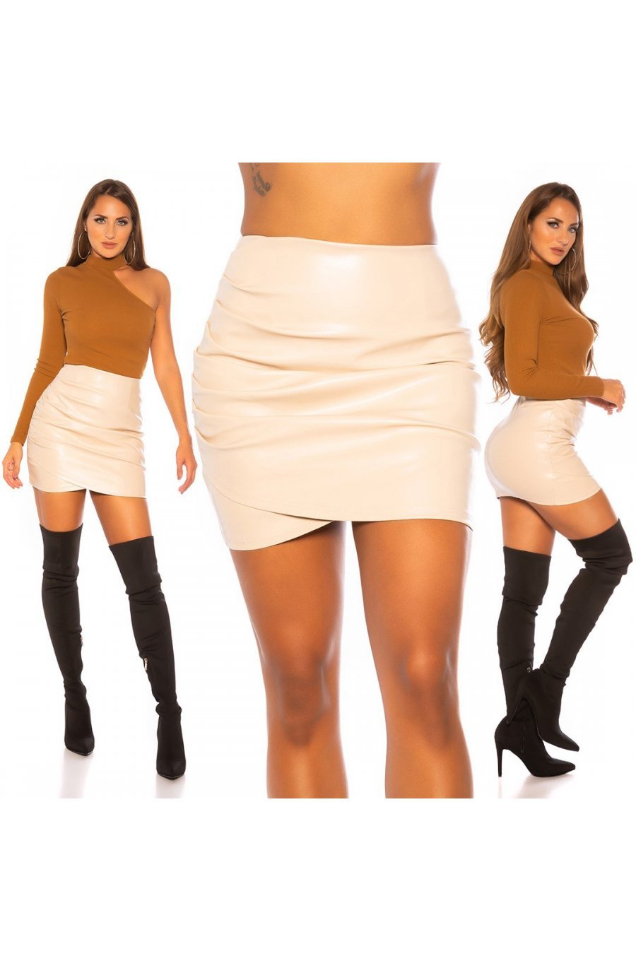 Fusta mulata, din piele eco, scurta, bej, petrecuta, Roshelle Fusta mulata, din piele eco, scurta, bej, petrecuta, Roshelle 6 - jojofashion.ro