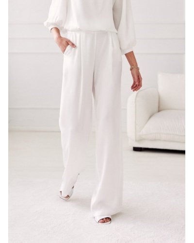 Pantaloni dama, Pantaloni dama din satin, albi, evazati, eleganti, ElsaR - jojofashion.ro