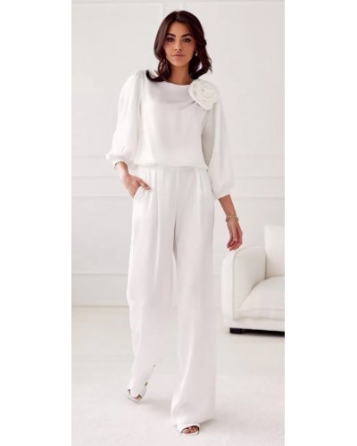 Pantaloni dama, Pantaloni dama din satin, albi, evazati, eleganti, ElsaR - jojofashion.ro