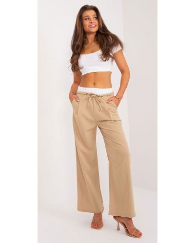 Pantaloni dama, Pantaloni dama evazati, casual, bej light cu dungi subtiri, Cynane - jojofashion.ro