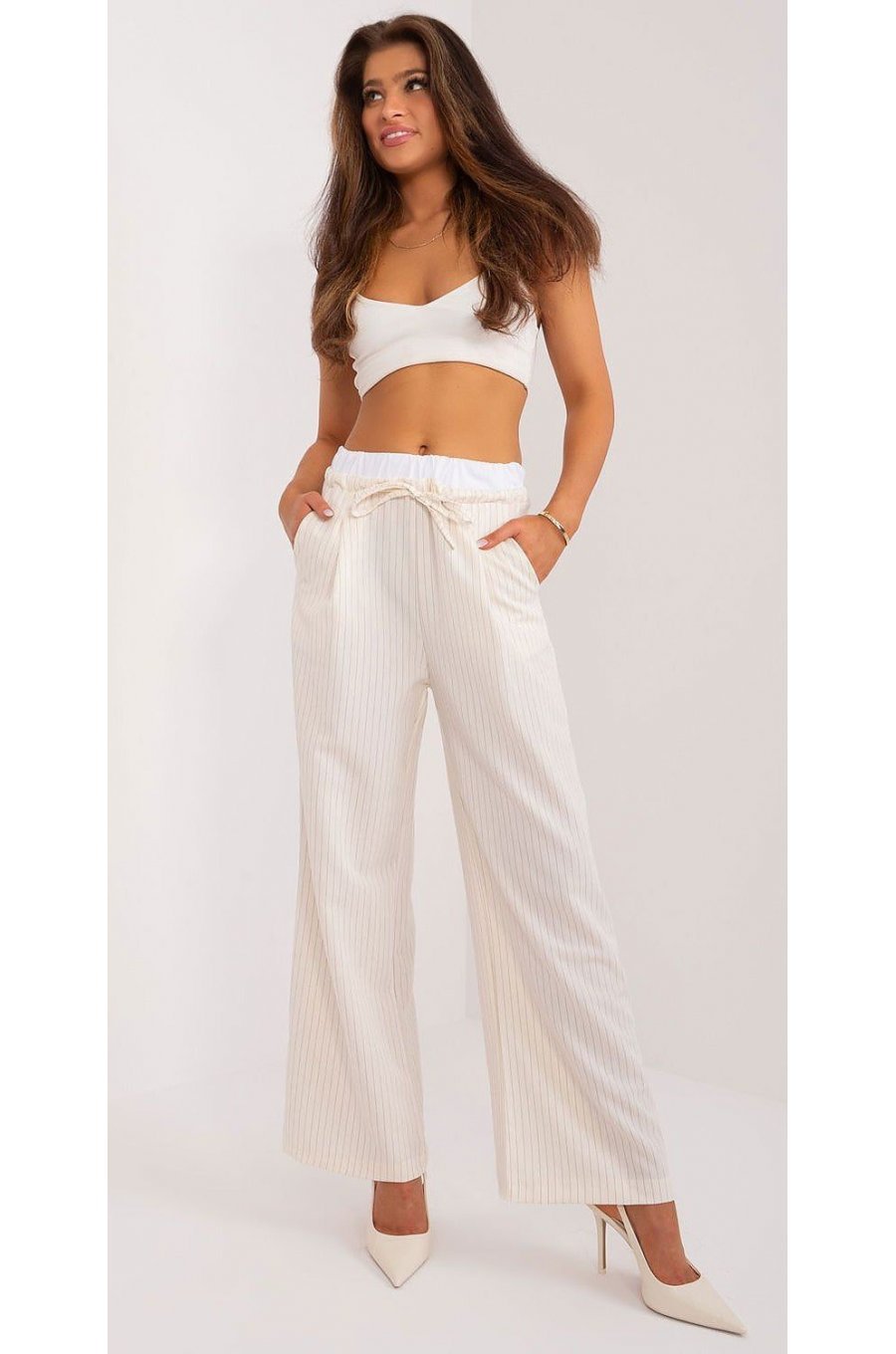 Pantaloni dama evazati, casual, ecru cu dungi subtiri, Cynane Pantaloni dama evazati, casual, ecru cu dungi subtiri, Cynane 2 - jojofashion.ro