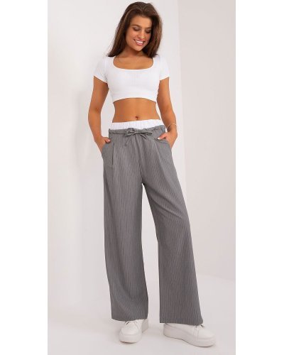 Pantaloni dama, Pantaloni dama evazati, casual, gri cu dungi subtiri, Cynane - jojofashion.ro