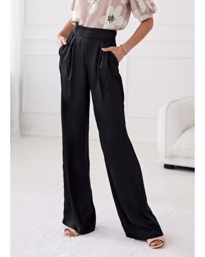 Pantaloni dama, Pantaloni dama negri, din satin, evazati, eleganti, ElsaR - jojofashion.ro