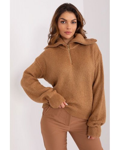 Pulovere dama, Pulover dama maro, din acril, cu guler inalt si fermoar, Cindy4 - jojofashion.ro
