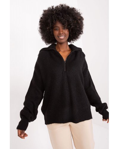 Pulovere dama, Pulover dama negru, din acril, cu guler inalt si fermoar, Cindy2 - jojofashion.ro