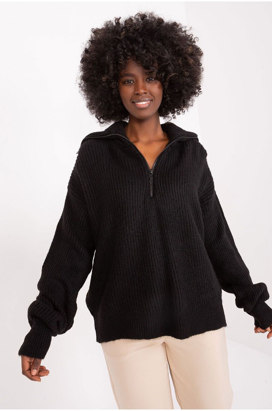 Pulover dama negru, din acril, cu guler inalt si fermoar, Cindy2 1 - jojofashion.ro
