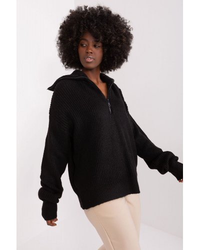 Pulovere dama, Pulover dama negru, din acril, cu guler inalt si fermoar, Cindy2 - jojofashion.ro