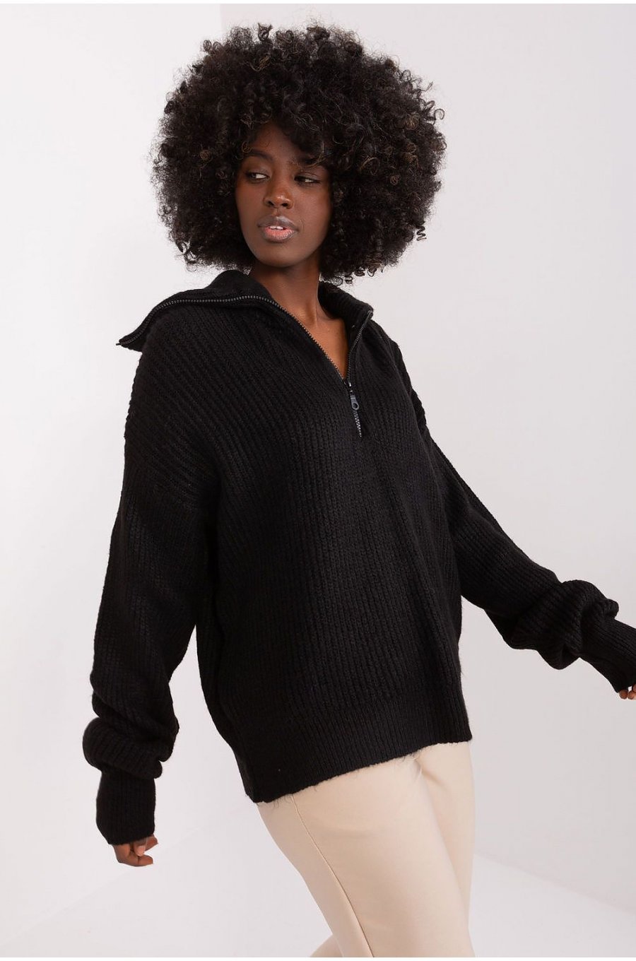 Pulover dama negru, din acril, cu guler inalt si fermoar, Cindy2 2 - jojofashion.ro