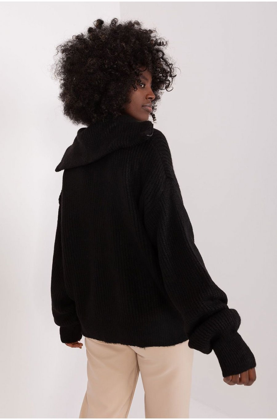 Pulover dama negru, din acril, cu guler inalt si fermoar, Cindy2 3 - jojofashion.ro