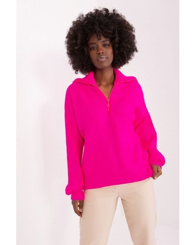 Pulovere dama, Pulover dama roz neon, din acril, cu guler inalt si fermoar, Cindy - jojofashion.ro