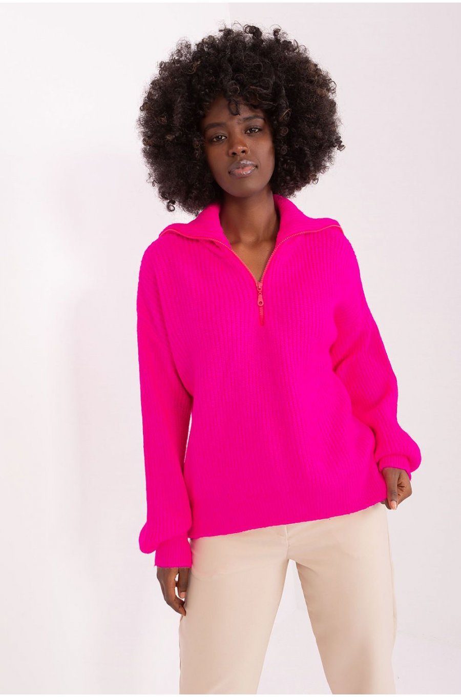 Pulover dama roz neon, din acril, cu guler inalt si fermoar, Cindy 1 - jojofashion.ro