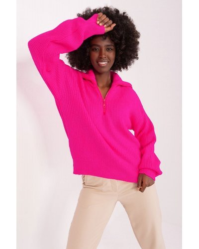 Pulovere dama, Pulover dama roz neon, din acril, cu guler inalt si fermoar, Cindy - jojofashion.ro