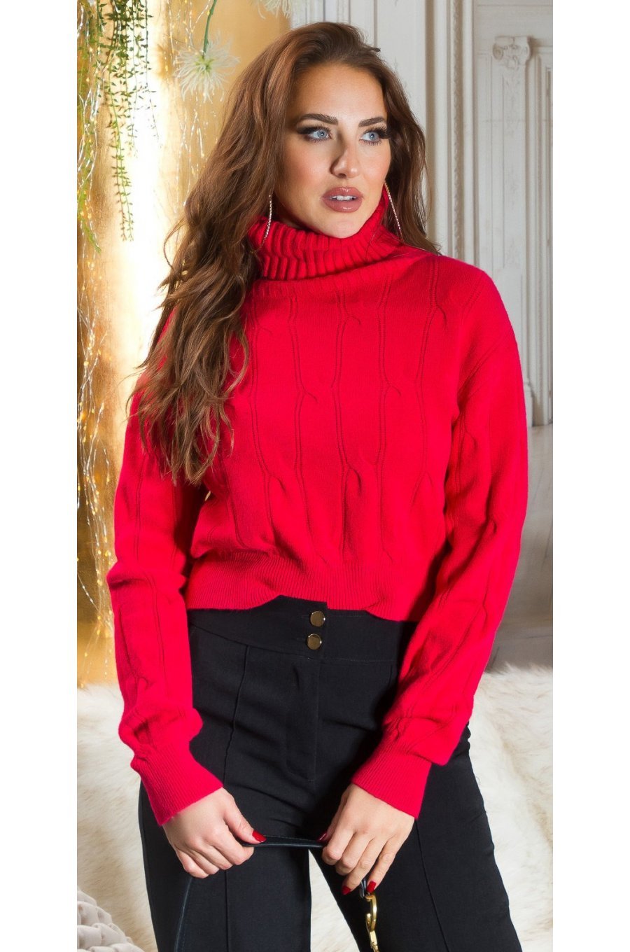 Pulover dama tricotat, scurt, vascoza, rosu, cu guler inalt, Dayana Pulover dama tricotat, scurt, vascoza, rosu, cu guler inalt, Dayana 1 - jojofashion.ro