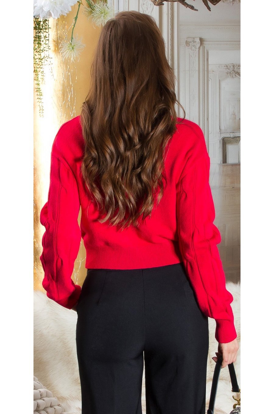 Pulover dama tricotat, scurt, vascoza, rosu, cu guler inalt, Dayana Pulover dama tricotat, scurt, vascoza, rosu, cu guler inalt, Dayana 2 - jojofashion.ro