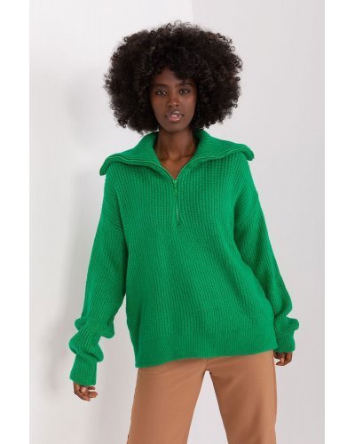 Pulovere dama, Pulover dama verde, din acril, cu guler inalt si fermoar, Cindy1 - jojofashion.ro