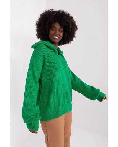 Pulovere dama, Pulover dama verde, din acril, cu guler inalt si fermoar, Cindy1 - jojofashion.ro